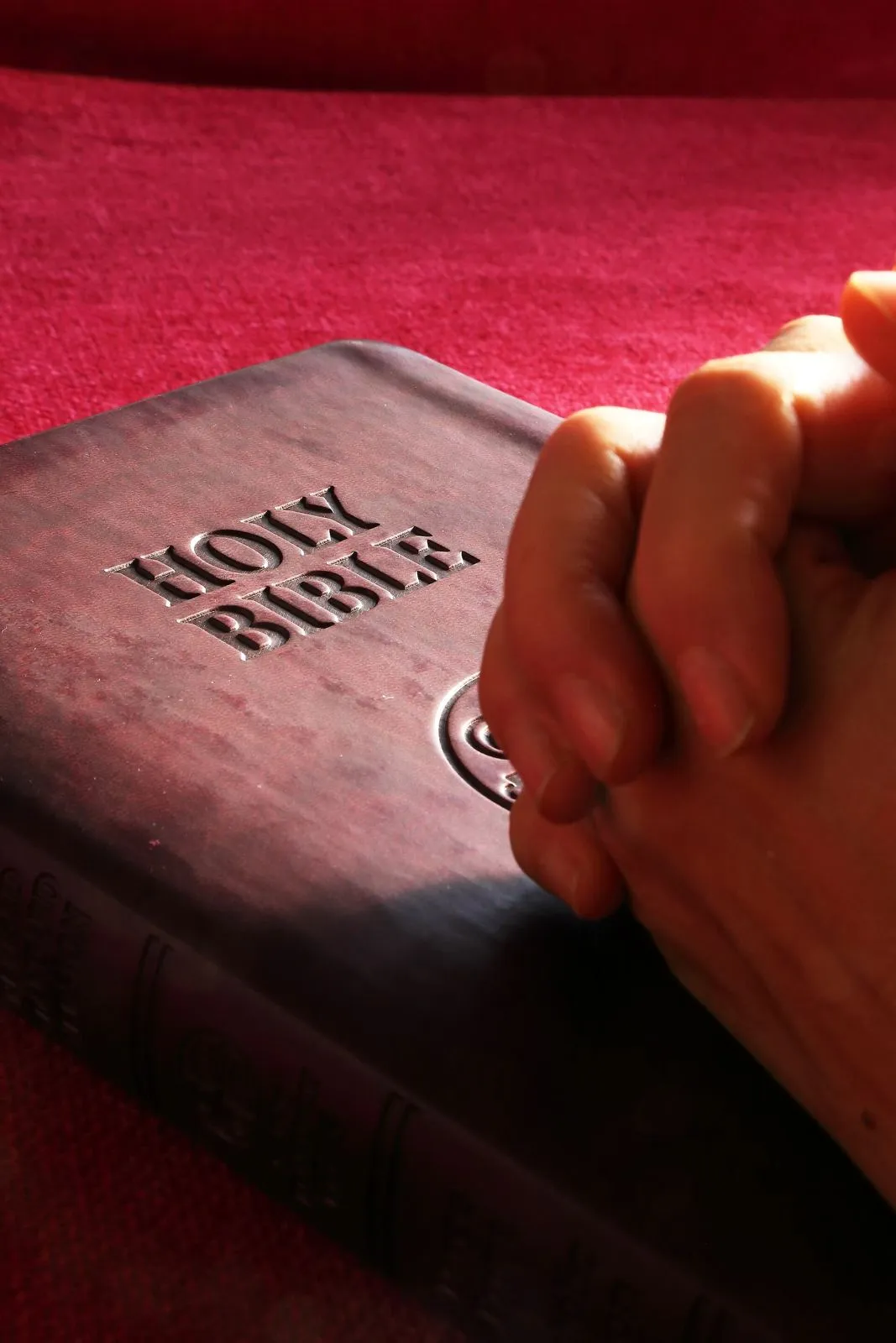 Manos que reposan sobre una Biblia en actitud de oración